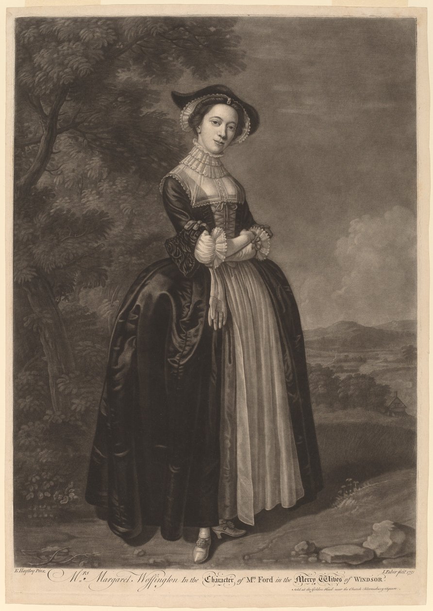Mrs. Margaret Woffington in der Rolle der Mrs. Ford in Die lustigen Weiber von Windsor von John Faber II after Edward Haytley