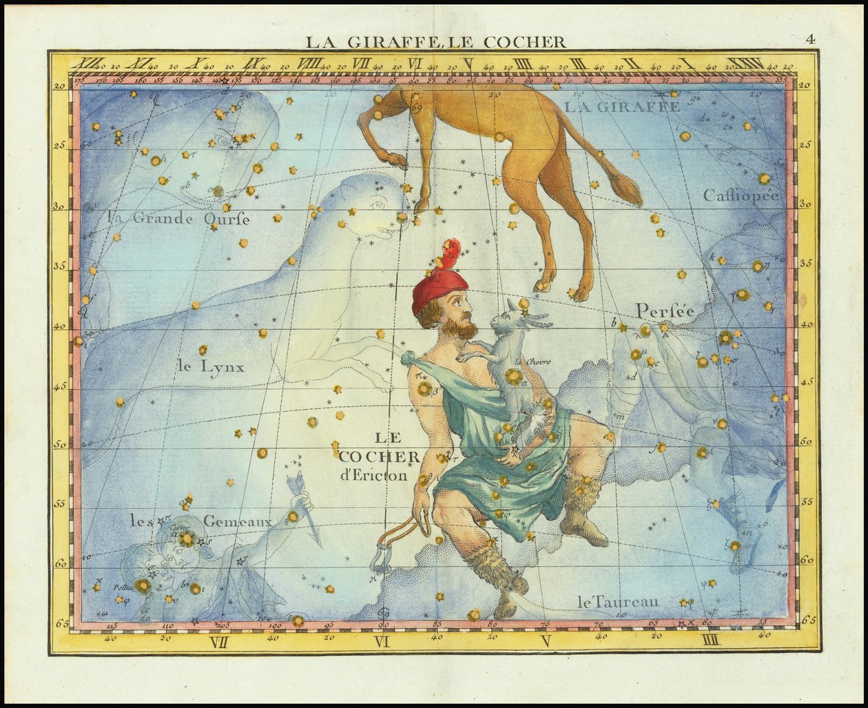 1776 Sternkarte der Sternbilder Camelopardal & Auriga und benachbarte Sternbilder, aus Fortins Atlas Celeste de Flamsteed von John Flamsteed