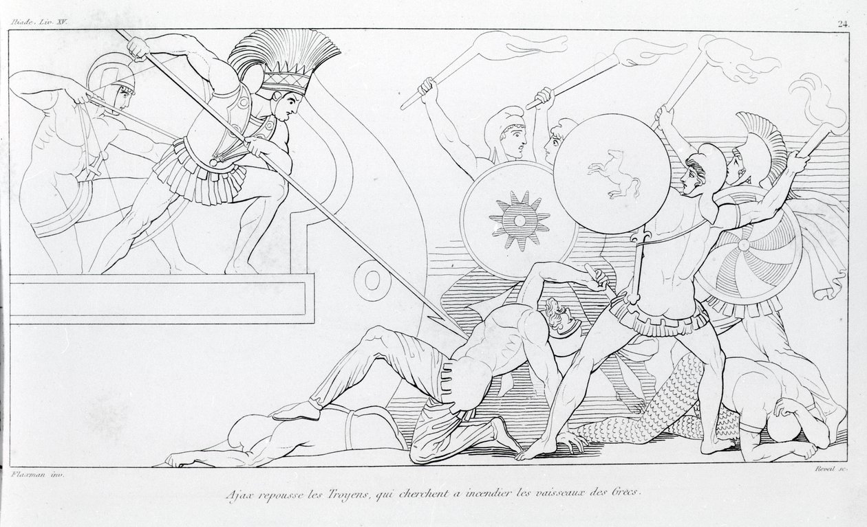 Ajax wehrt die Trojaner ab, die versuchen, die griechischen Schiffe zu verbrennen. Zeichnung von John Flaxman (1755 - 1826). Homers Ilias. Gesang XV. von John Flaxman