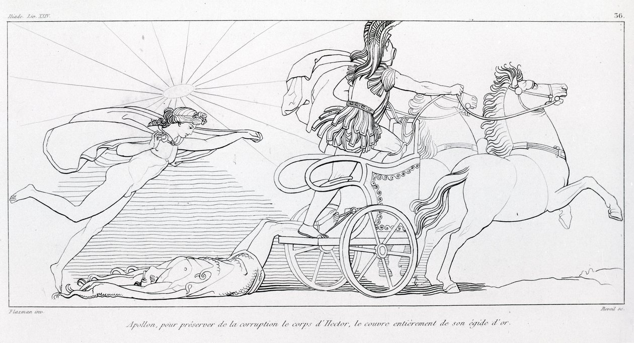 Apollo, Gott der Sonne, bedeckt Hektors Körper vollständig mit seinem goldenen Aigis, um ihn zu bewahren. Gesang XXIV. Zeichnung von John Flaxman (1755 - 1826). Homers Ilias von John Flaxman