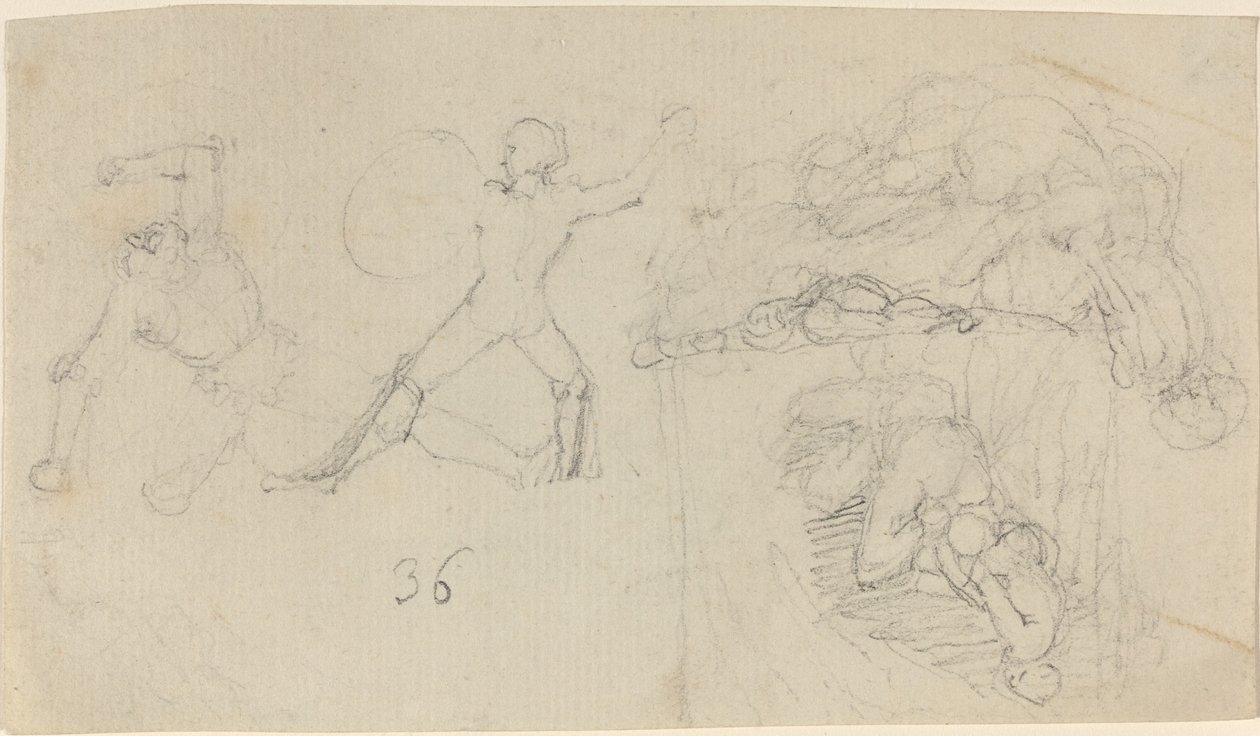 Blatt mit Skizzen, darunter zwei kämpfende Krieger von John Flaxman