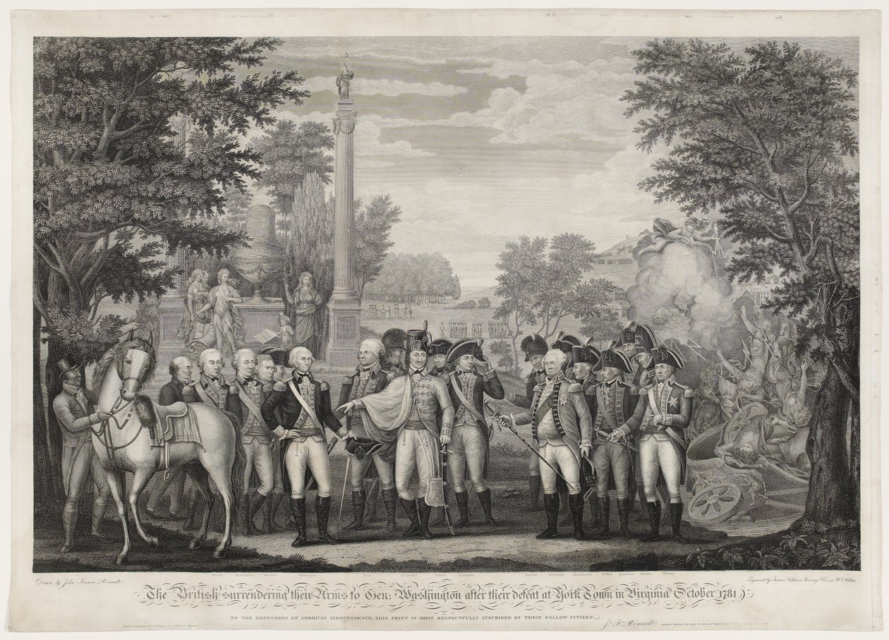Die Briten übergeben ihre Waffen an General Washington nach ihrer Niederlage in York Town, Virginia, Oktober 1781 von John Francis (after) Renault