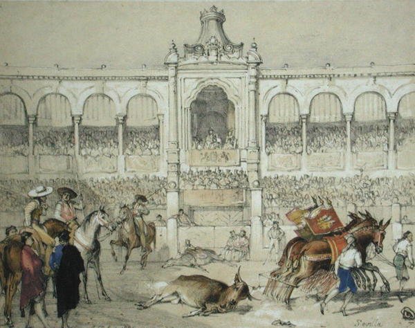 Stierkampf in Sevilla: Entfernen des toten Stiers aus der Arena, aus 