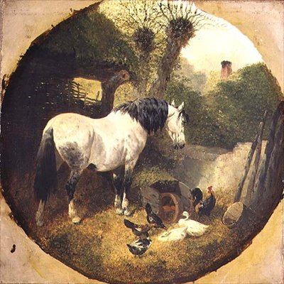 Ein Kaltblutpferd frisst Heu aus einer Schubkarre auf einem Bauernhof von John Frederick Herring Senior