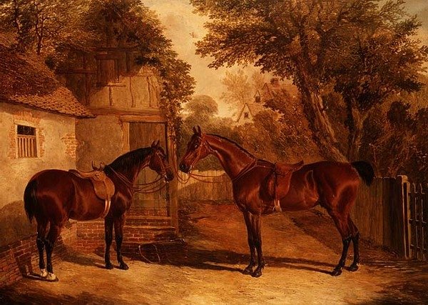 Bay Hunters vor einem Bauernhaus von John Frederick Herring Senior