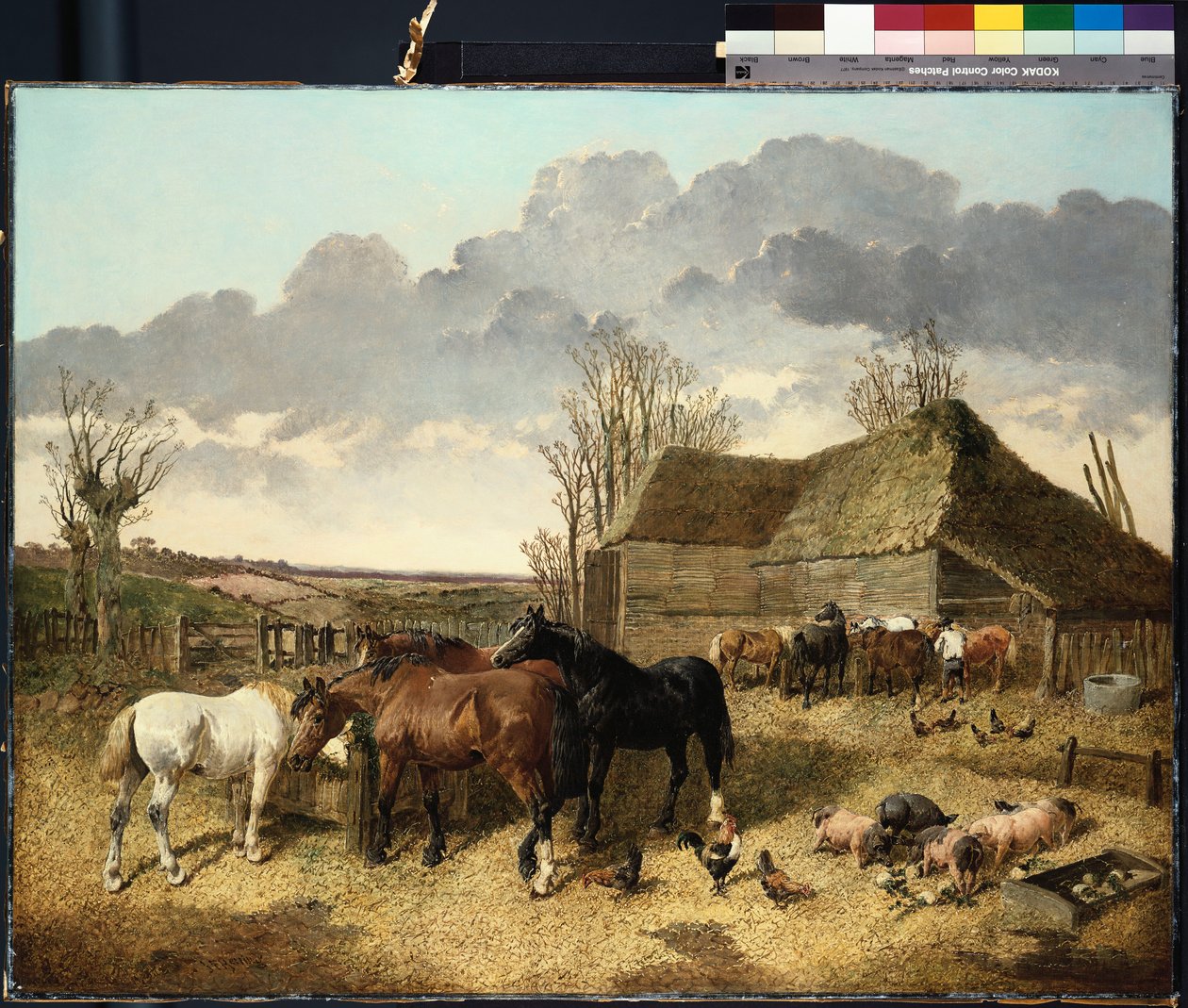 Pferde fressen aus einer Krippe, mit Schweinen und Hühnern in einem Bauernhof von John Frederick Herring Junior