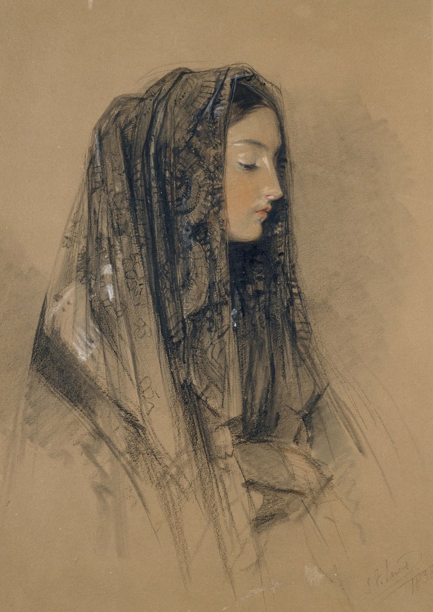 Kopf eines italienischen Mädchens in einer Mantilla, 1838 von John Frederick Lewis
