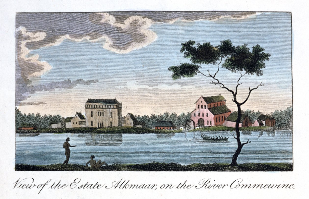 Blick auf das Anwesen Alkmaar am Fluss Commewine von John Gabriel Stedman