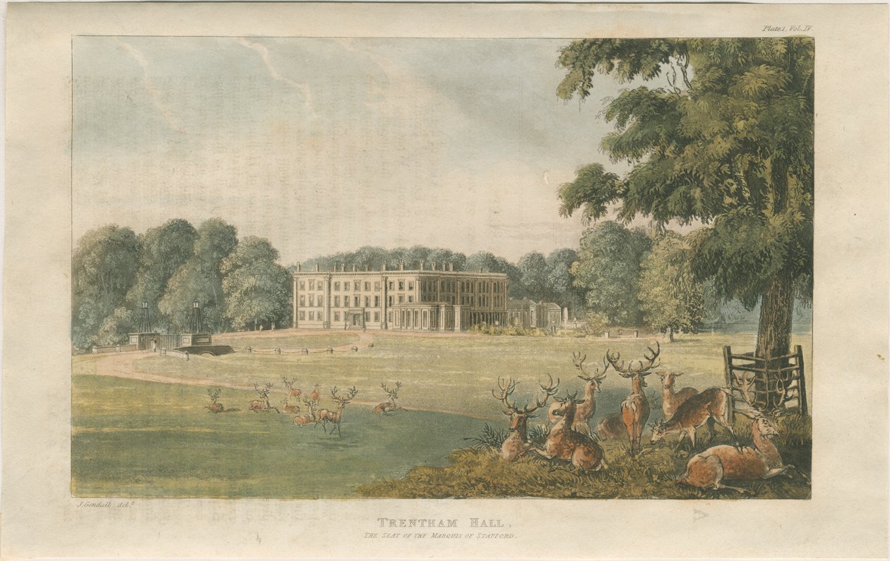 Trentham Hall: farbige Lithographie von John Gendall