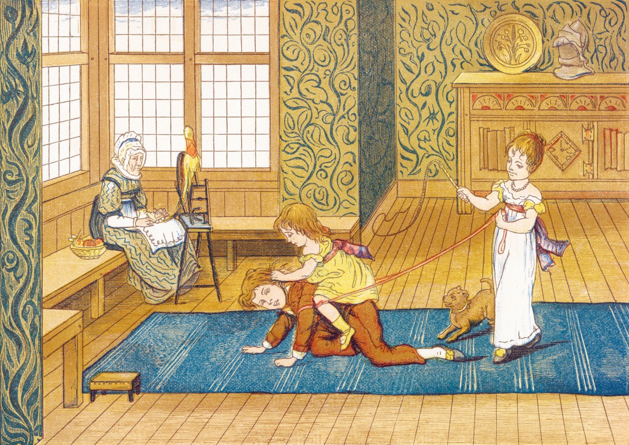 Spielzeit - Spielzeit, drei Kinder spielen, das jüngste reitet auf dem Rücken seines Bruders, das jüngste reitet auf dem Rücken seines Bruders, angehängt an ein Rentier, das von seiner Schwester gehalten wird, in einem Wohnzimmer, in der Nähe ihrer Großmut von John George & Emmerson Henry Hetherington (1831 1895) Sowerby