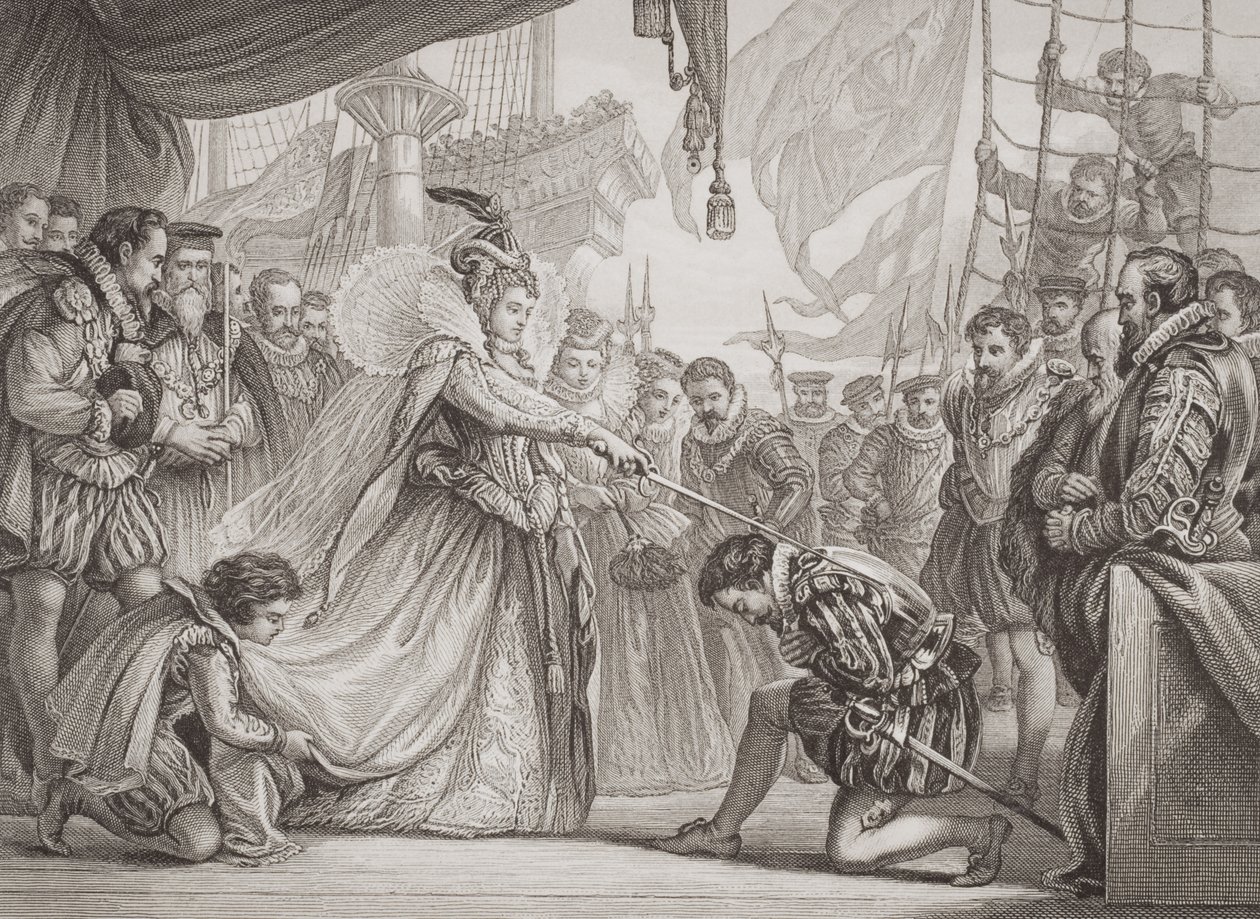 Königin Elisabeth I. (1530-1603) schlägt Francis Drake (1540-96) zum Ritter, aus 