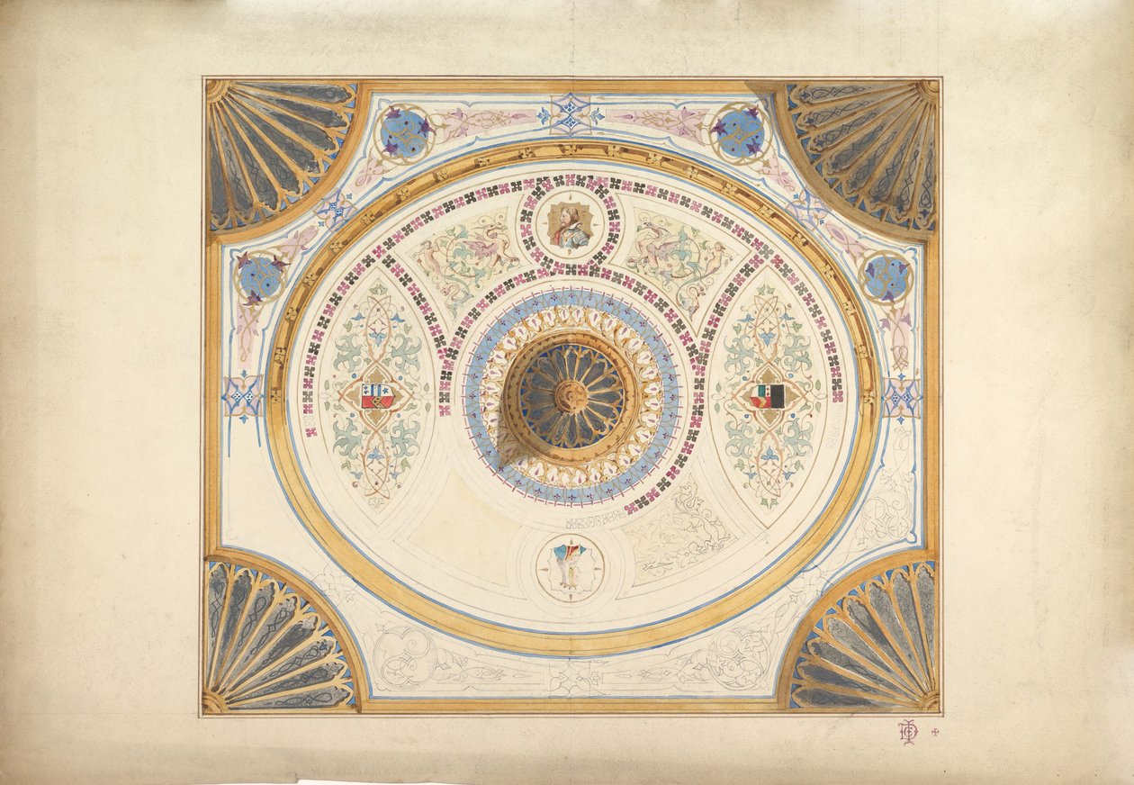 Entwurf für eine Decke mit zwei Porträts und Fächerstützen an den Ecken, 19. Jahrhundert von John Gregory Crace