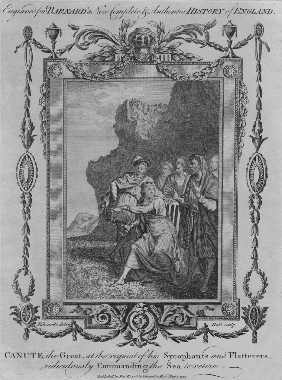 Knut der Große, auf Wunsch seiner Schmeichler und Schmeichlerinnen, lächerlich das Meer befehlend von John Hall