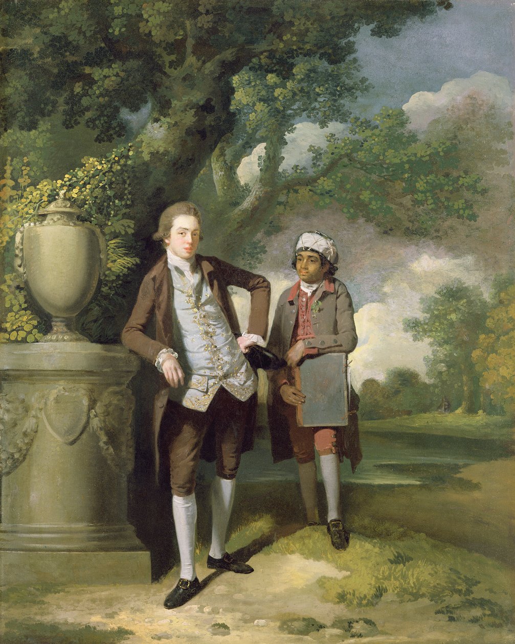 Ein junger Mann mit seinem indischen Diener, der ein Portfolio hält von John Hamilton Mortimer