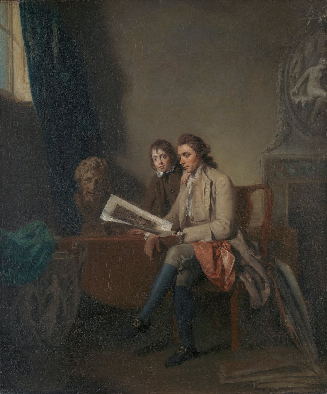 Porträt eines Mannes und eines Jungen, die Drucke betrachten von John Hamilton Mortimer