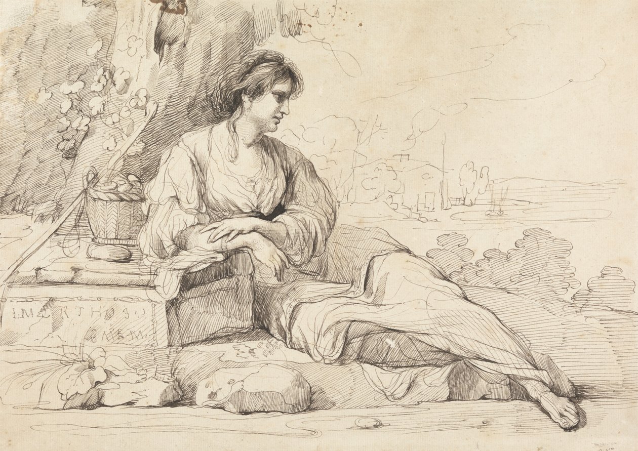 Liegende weibliche Figur in einer italienischen Landschaft von John Hamilton Mortimer