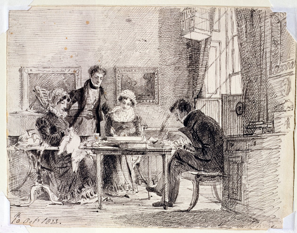 Familiengruppe beim Nähen und Lesen, 10. Oktober 1823 von John Harden