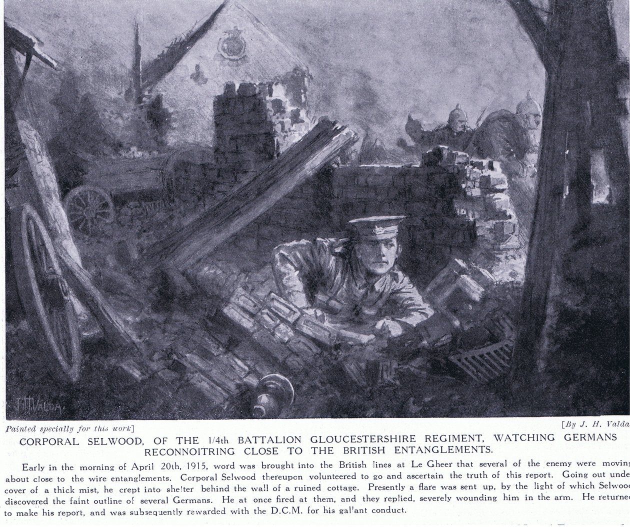 Korporal Selwood gewann ein DCM für die Beobachtung von Deutschen, die nahe an britischen Verstrickungen bei Le Gheer im April 1915 erkundeten von John Harris Valda