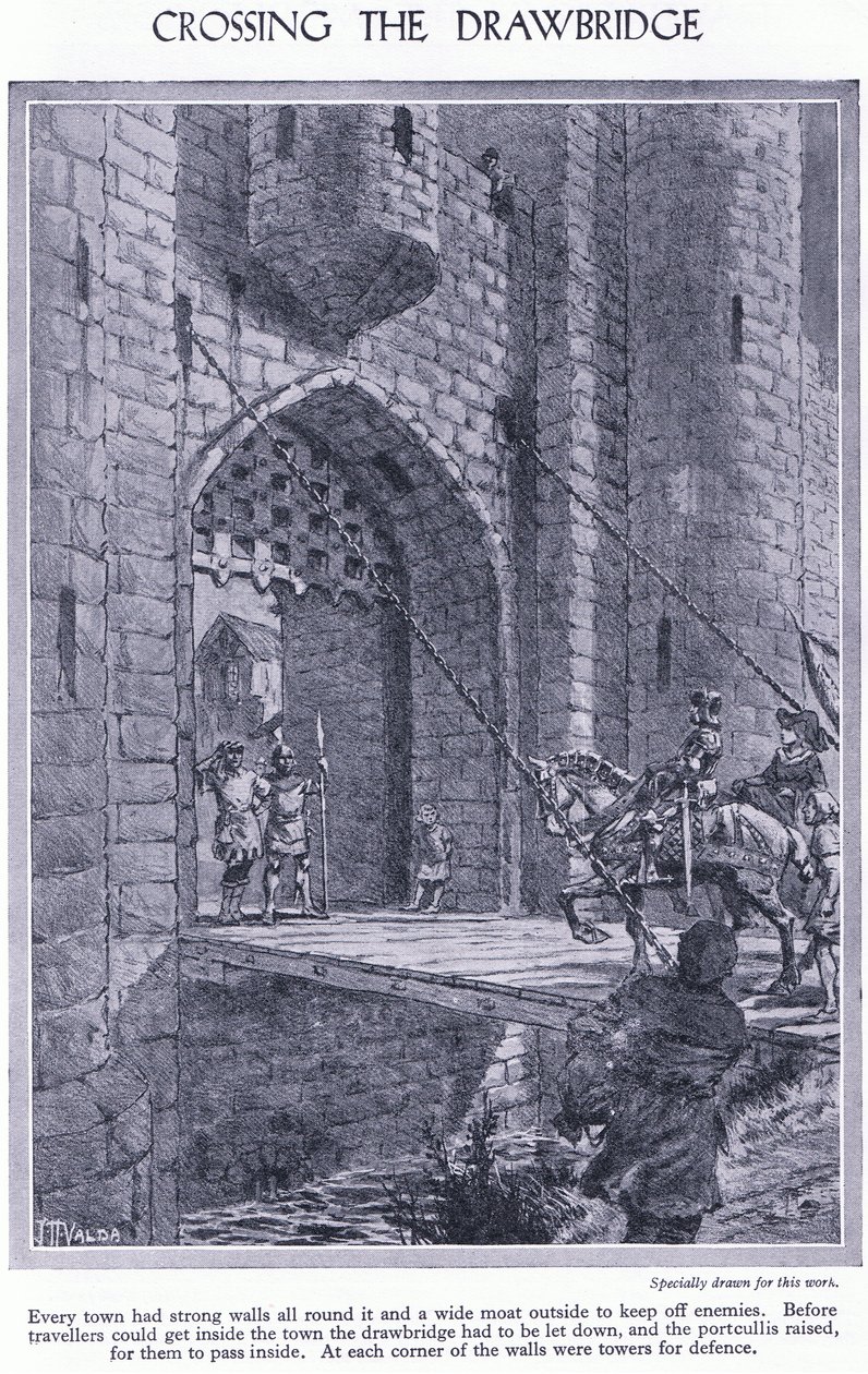 Überquerung der Zugbrücke, jede Stadt hat starke Mauern und einen Graben, eine Zugbrücke und ein Fallgatter zur Verteidigung, ca. 1950 von John Harris Valda