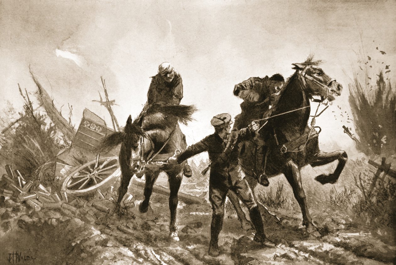 Fahrer Brown kehrt mit Verwundeten zu Pferd von der Feuerlinie zurück von John Harris Valda