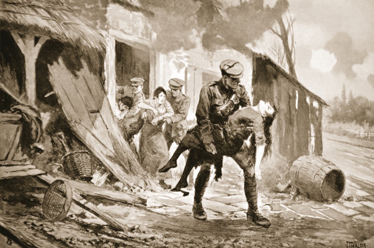 Gunner Rafferty trägt eine verwundete Frau in Sicherheit aus einem Bauernhaus, das beschossen wurde (Lithografie) von John Harris Valda