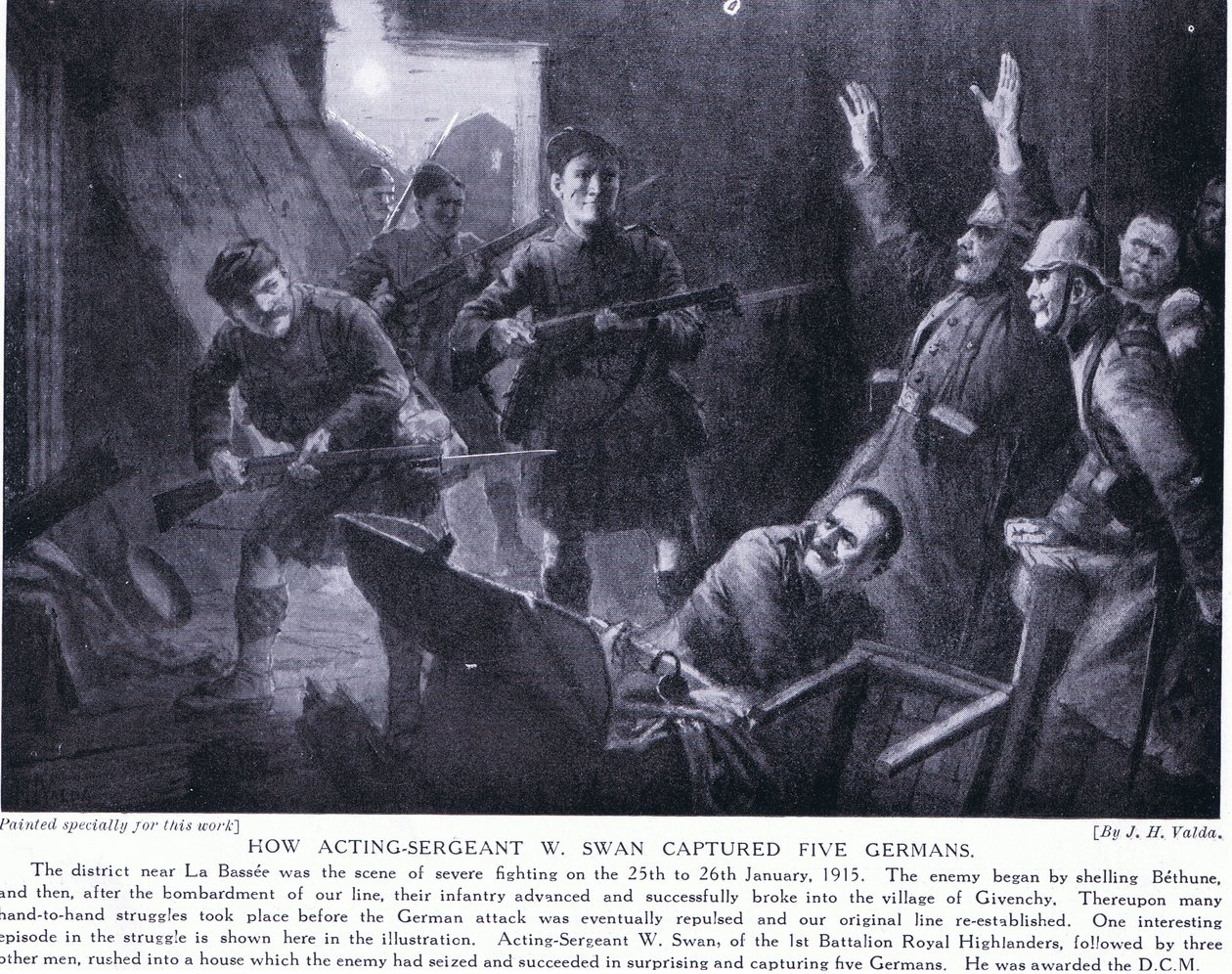 Wie der amtierende Sergeant W. Swan im Januar 1915 in Givenchy fünf Deutsche gefangen nahm von John Harris Valda