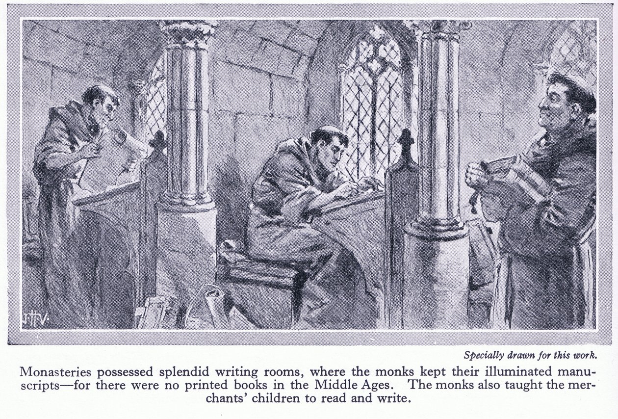 Klöster hatten prächtige Schreibzimmer, in denen Mönche illuminierte Manuskripte aufbewahrten, ca. 1950 von John Harris Valda