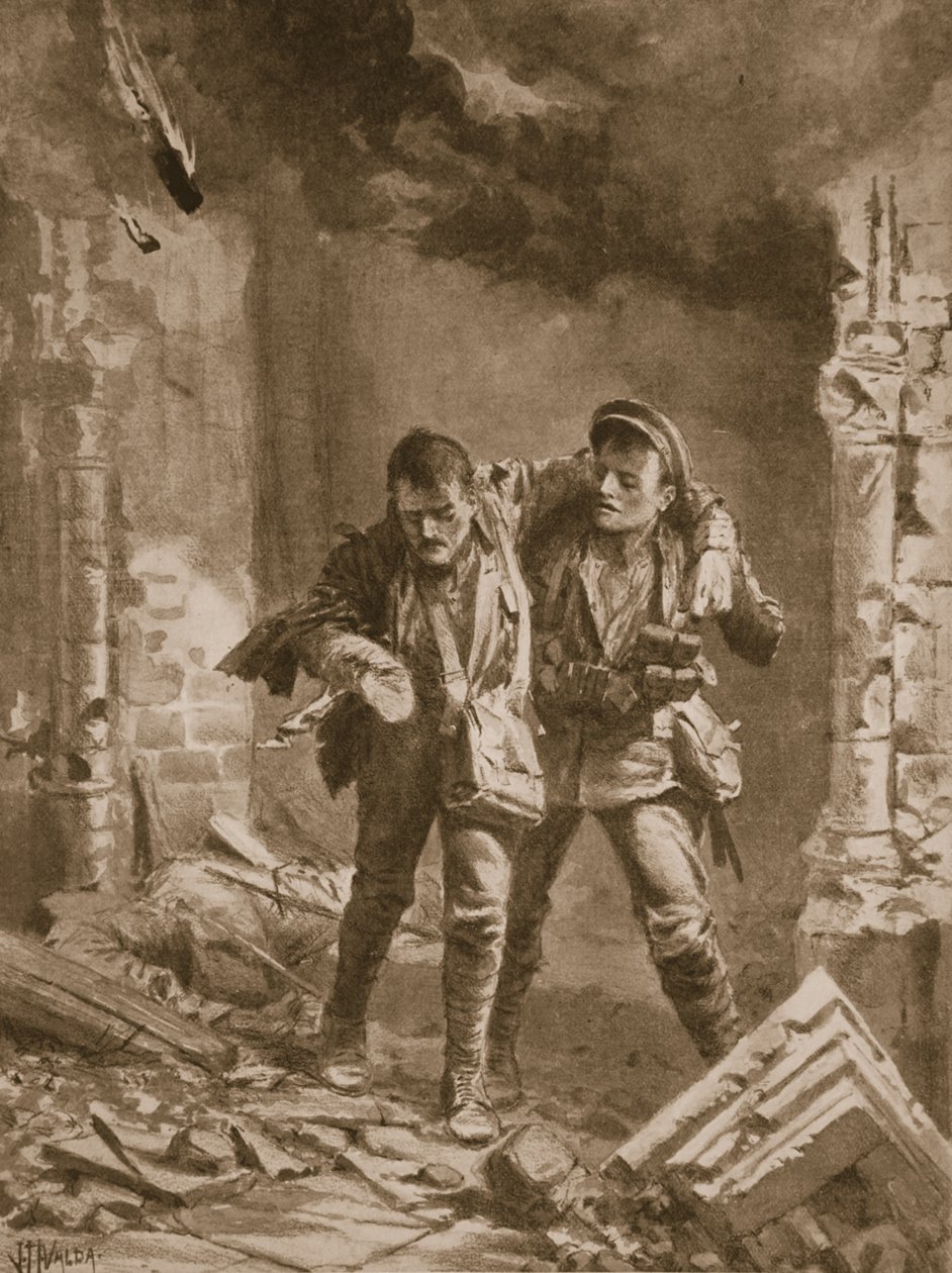 Private A.E. Walker hilft einem verwundeten Kameraden aus einer brennenden Kirche, die als Krankenhaus genutzt wurde von John Harris Valda