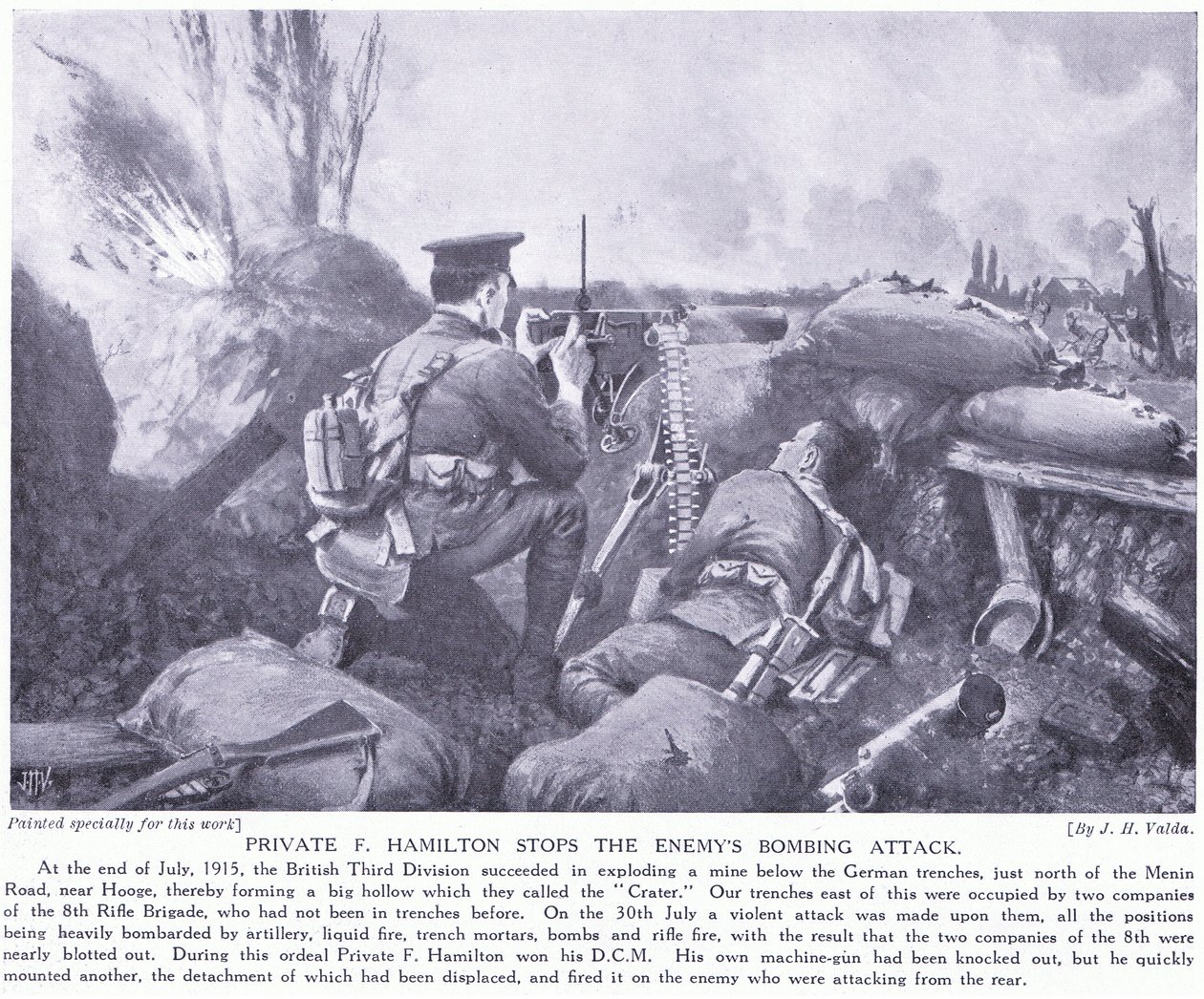 Private F Hamilton erhält das DCM für die Abwehr des Bombenangriffs des Feindes im Juli 1915 in Hooge von John Harris Valda