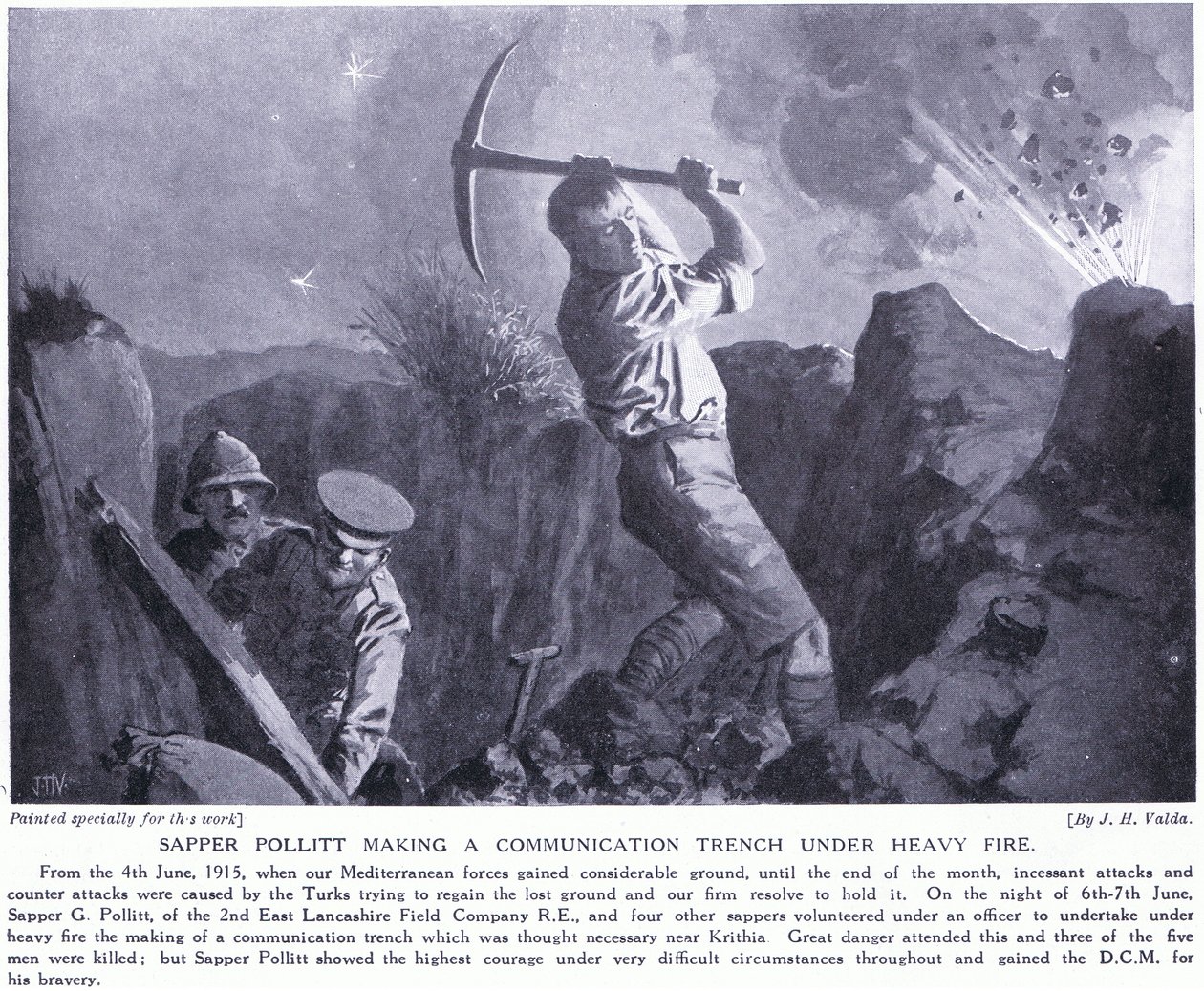 Sapper Pollitt gräbt einen Verbindungsschützengraben unter schwerem Beschuss auf der Halbinsel Gallipoli, Juni 1915 von John Harris Valda