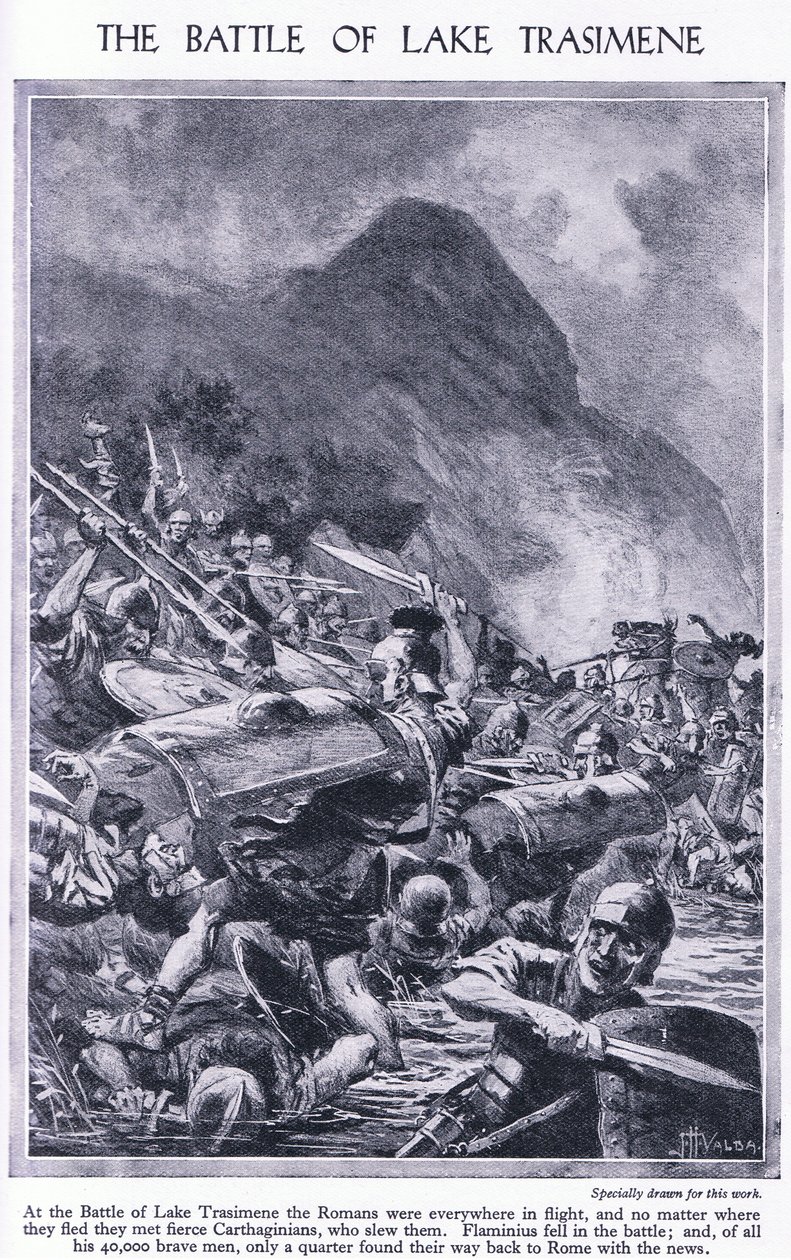 Die Schlacht am Trasimenischen See 217 v. Chr. Überall waren die Römer auf der Flucht vor den Karthagern, ca. 1950 von John Harris Valda