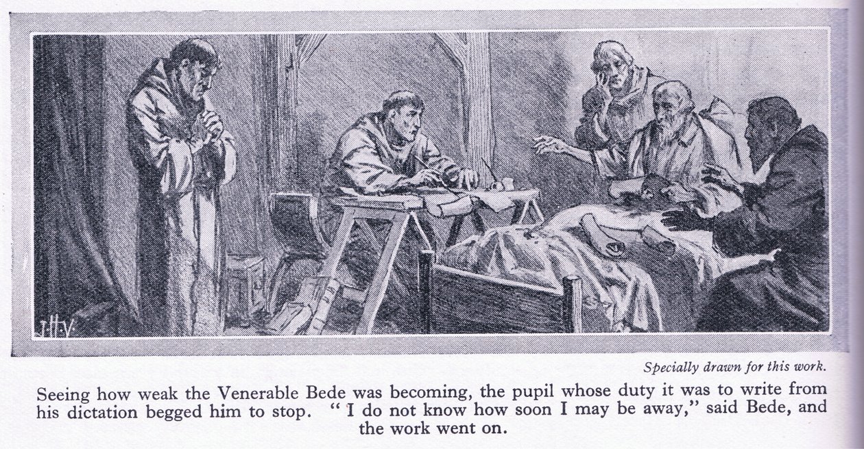 Die letzten Tage des ehrwürdigen Beda, das Evangelium des Johannes ins Englische übersetzend, 735 n. Chr., ca. 1950 von John Harris Valda