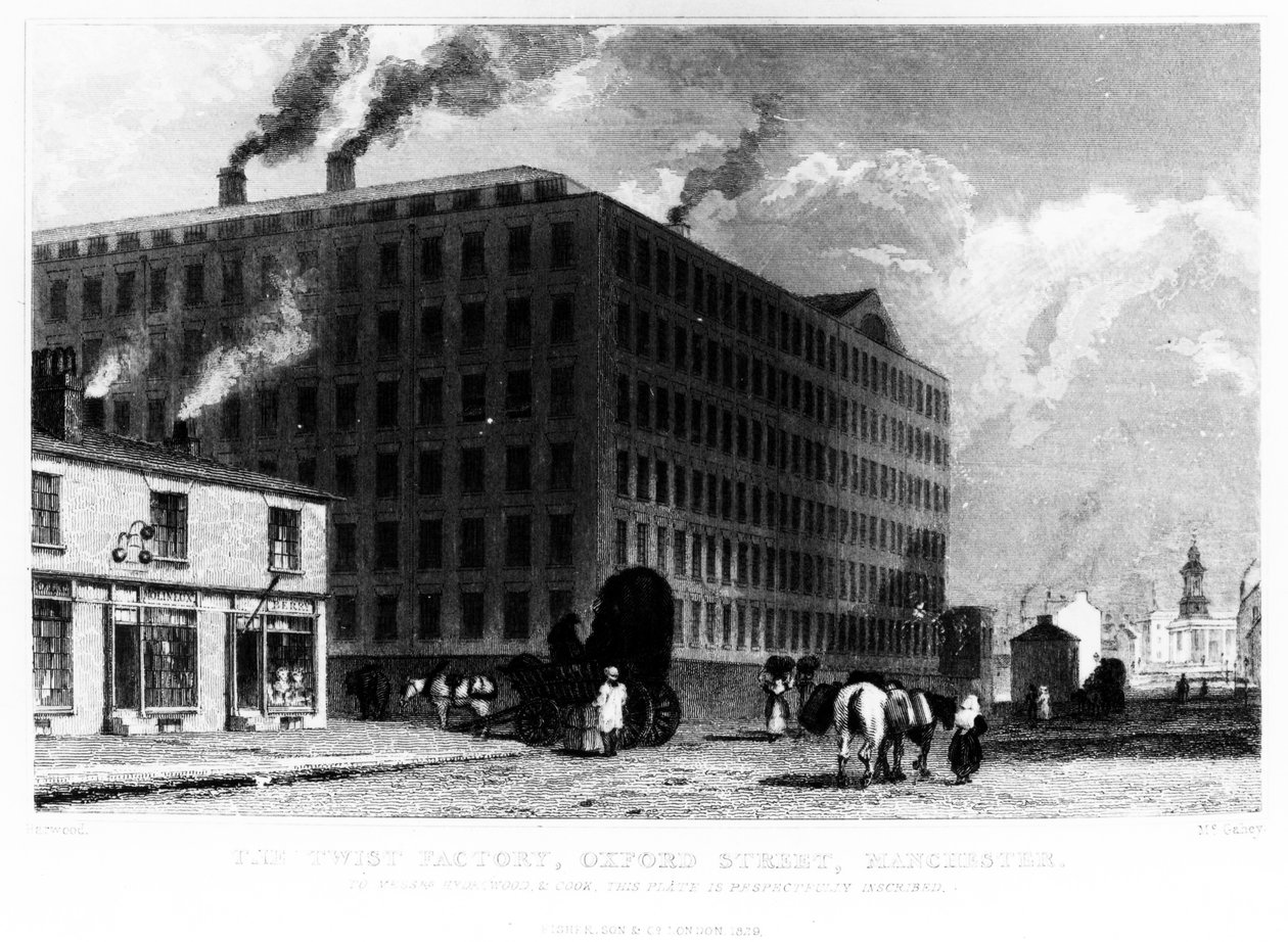 Die Twist-Fabrik, Oxford Street, Manchester, graviert von John McGahey, 1829 von John Harwood