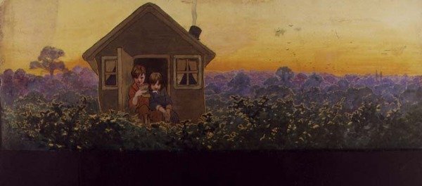 Die Baumwipfel bei Sonnenuntergang ein Jahr später: Peter im kleinen Haus mit Wendy bei ihrem jährlichen Frühjahrsputzbesuch, Illustration zu 
