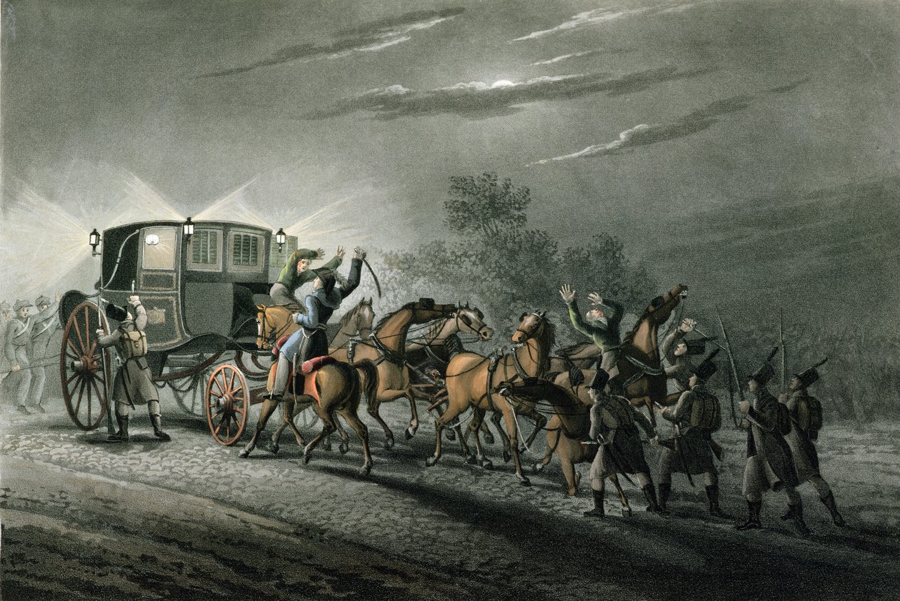 Die Eroberung von Bonapartes Kutsche, Papier und Schatz durch Major von Keller, Waterloo, 18. Juni 1815, graviert von Matthew Dubourg von John Heaviside Clark