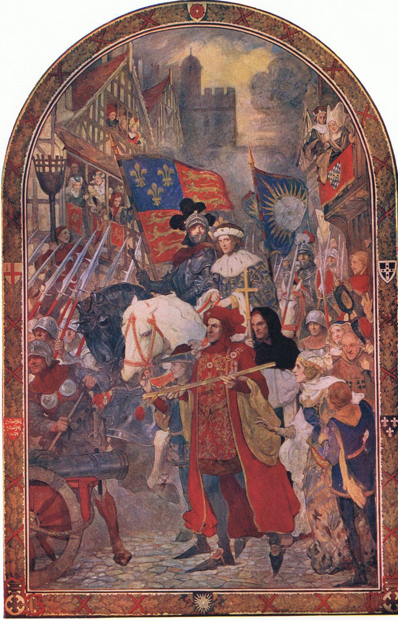 Heinrich VI. Schlacht von Barnet 1471: Die ausgebildeten Truppen marschieren zur Unterstützung von Edward IV, aus Cassells Geschichte des britischen Volkes, veröffentlicht von der Waverley Book Company Limited, ca. 1940 von John Henry Amshewitz