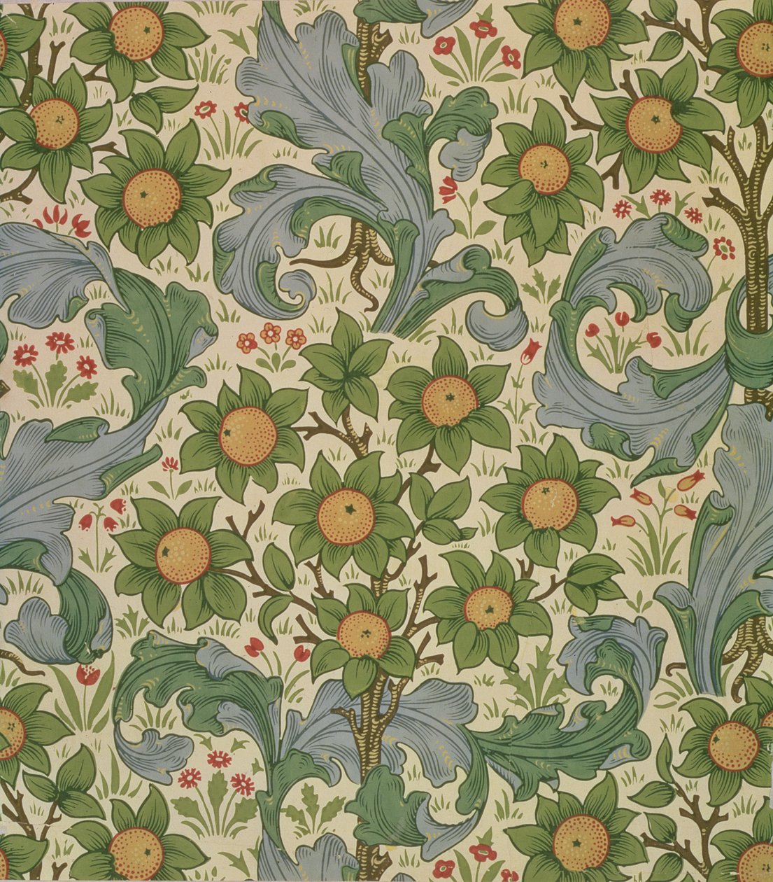 Obstgarten-Tapete, entworfen von John Henry Dearle (1860-1932) für Morris and Company, 1899 von John Henry Dearle