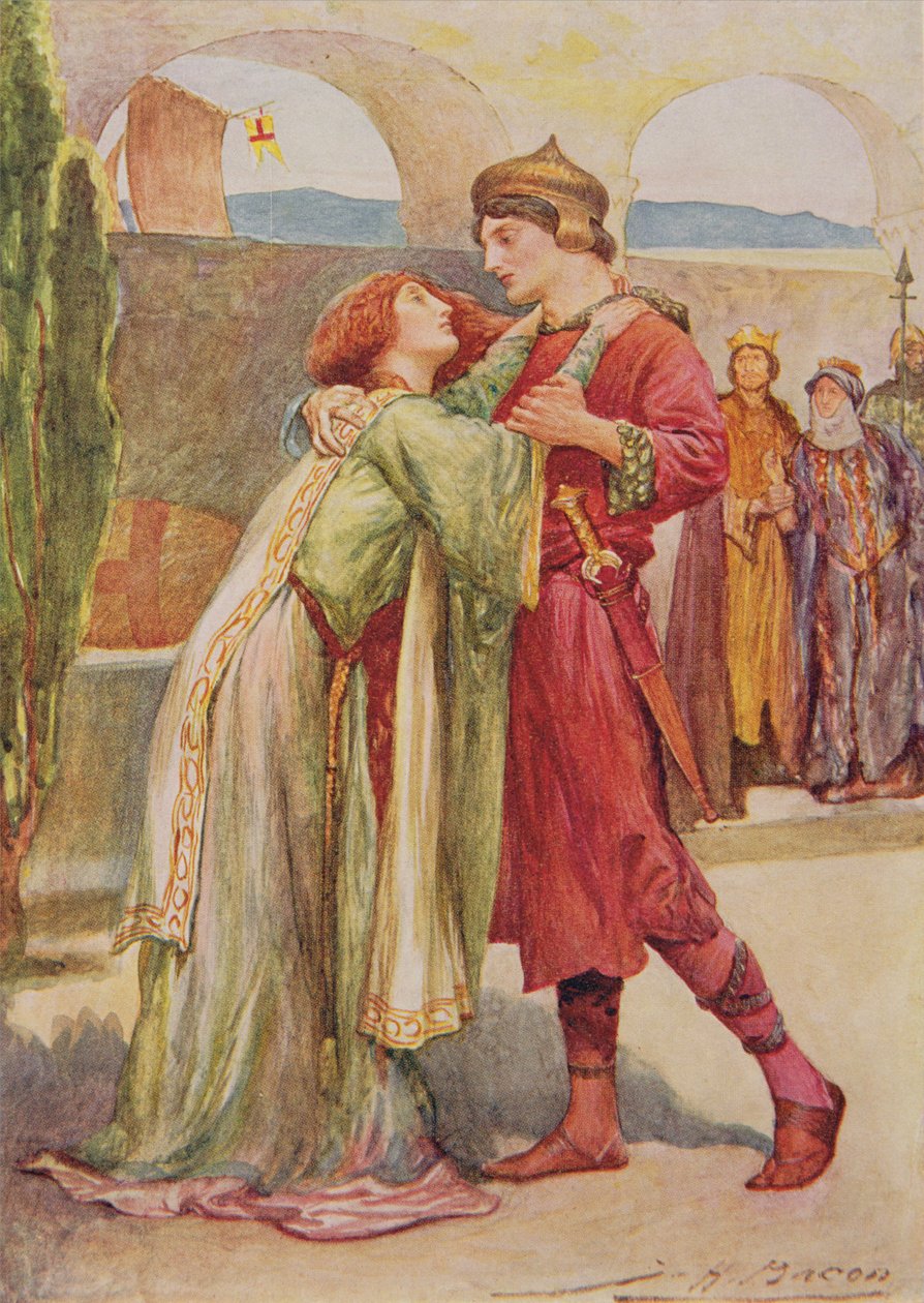 Posthumus und Imogen in Cymbeline aus Kindererzählungen von Shakespeare von Edith Nesbit (1858-1924), veröffentlicht von Raphael Tuck & Sons Ltd., London (Buchillustration) von John Henry Frederick Bacon