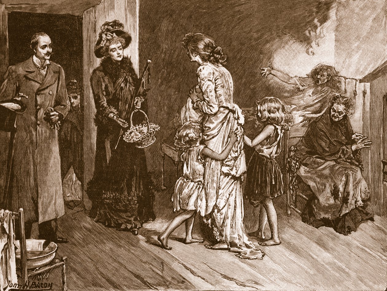 West trifft Ost: wohlhabende Besucher in einer Slumwohnung, Illustration aus 