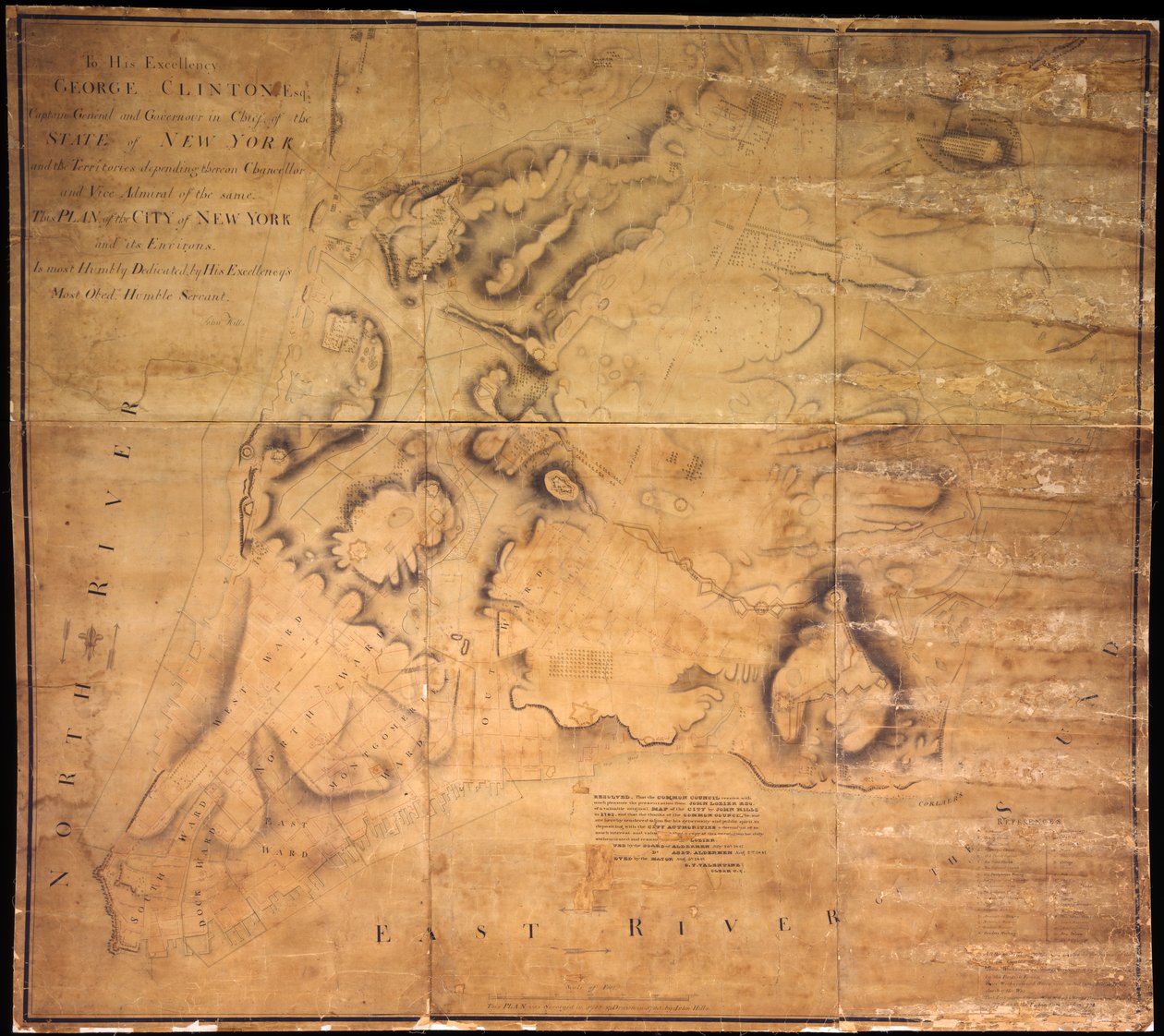 An seine Exzellenz George Clinton, Esq. . . . Dieser Plan der Stadt New York und ihrer Umgebung . . ., 1785 von John Hills