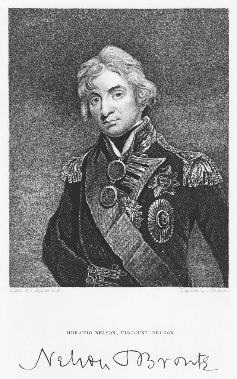 Porträt von Admiral Horatio Nelson mit seiner Unterschrift, graviert von John Cochran (fl. 1821-65) von John Hoppner