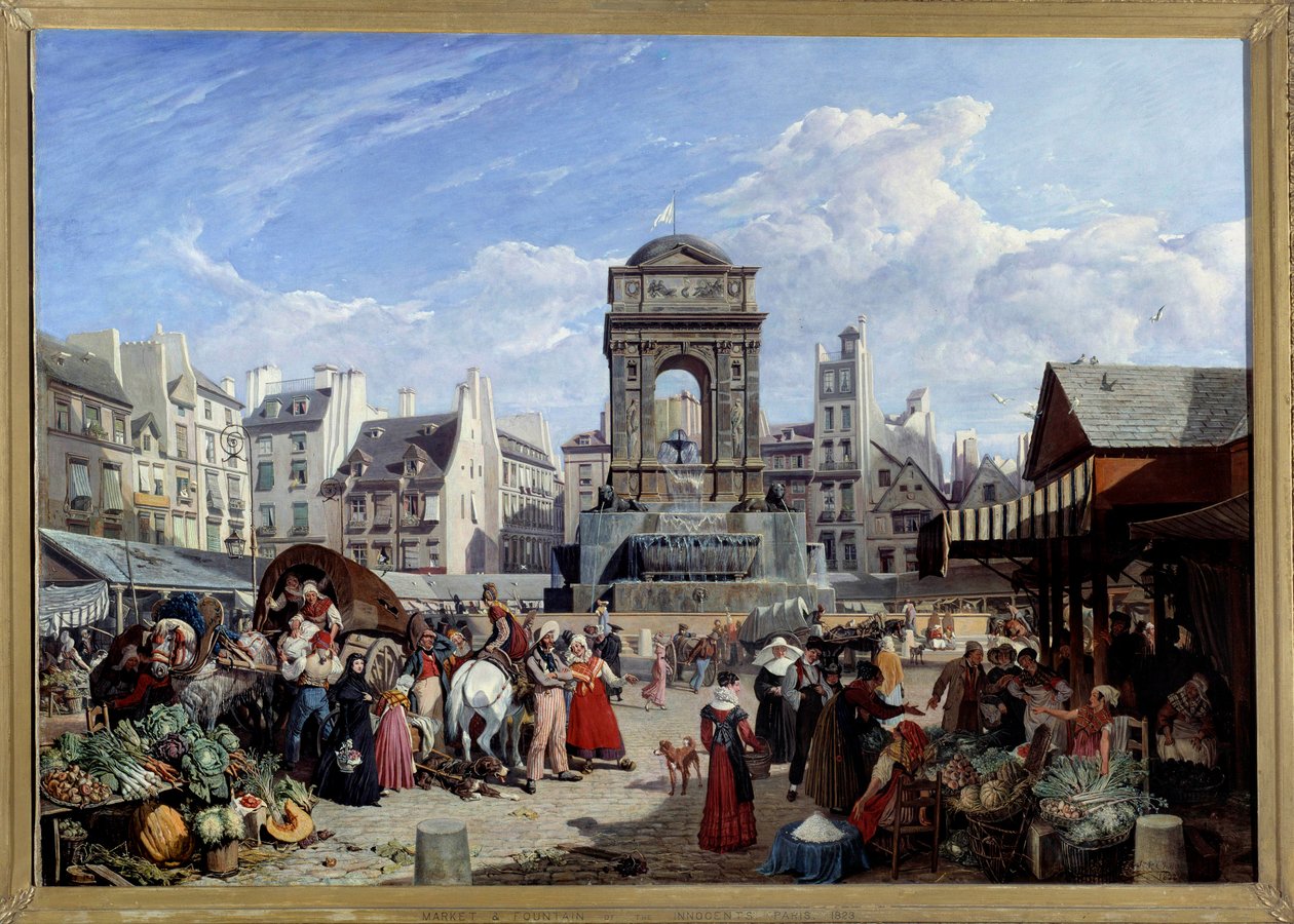 Der Markt und der Fontaine des Innocents in Paris. Gemälde von John James Chalon (1778-1854) 1822. Paris, Musée Carnavalet von John James Chalon