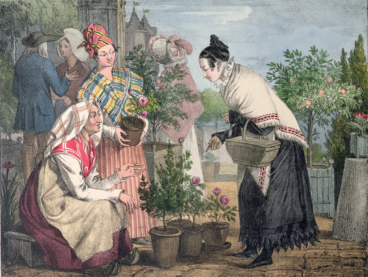 Der Blumenmarkt, Paris, graviert von Charles Joseph Hullmandel (1789-1850), veröffentlicht 1821 von John James Chalon