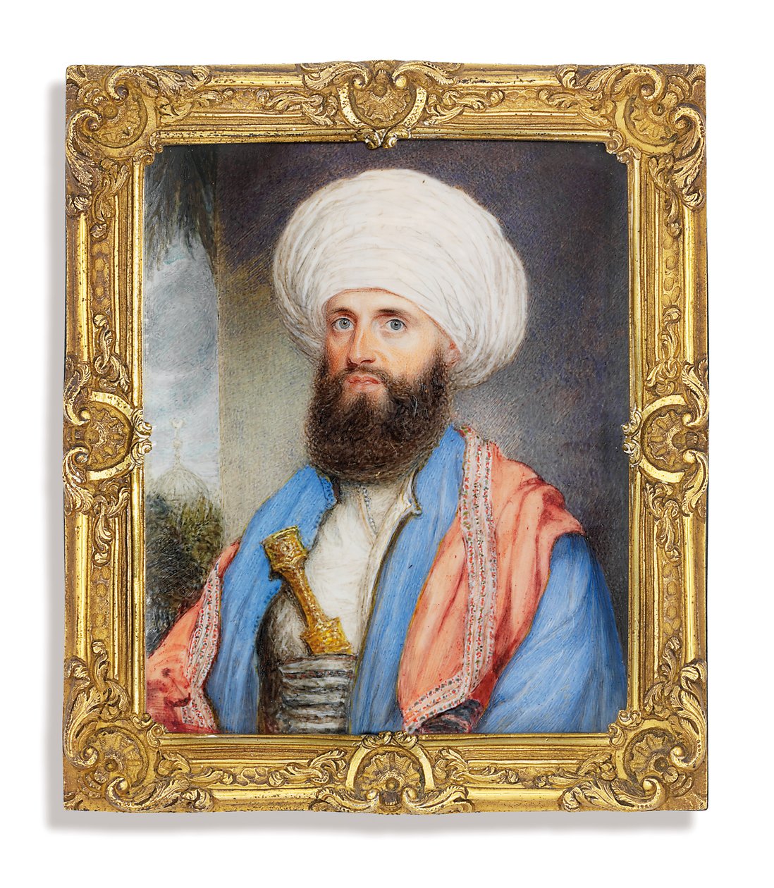 James Silk Buckingham (1786-1855), in weißem Hemd mit hellblauem Mantel, rosa besticktem Schal um die Schultern und weißem Turban mit einem Dolch im Kummerbund, Landschaftshintergrund mit einer Moschee von John Jukes