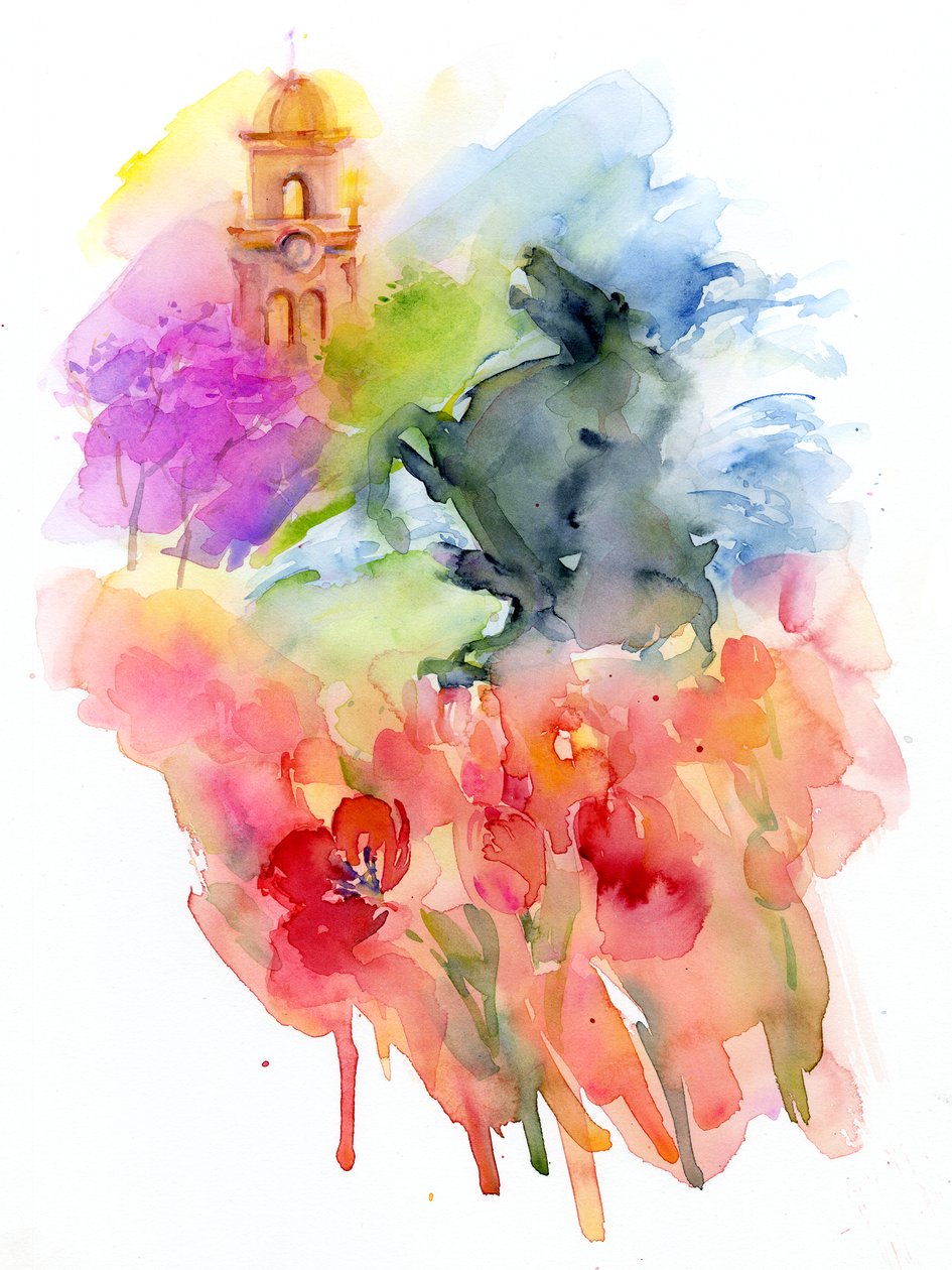 Plaza mit roten Tulpen, 2016 von John Keeling