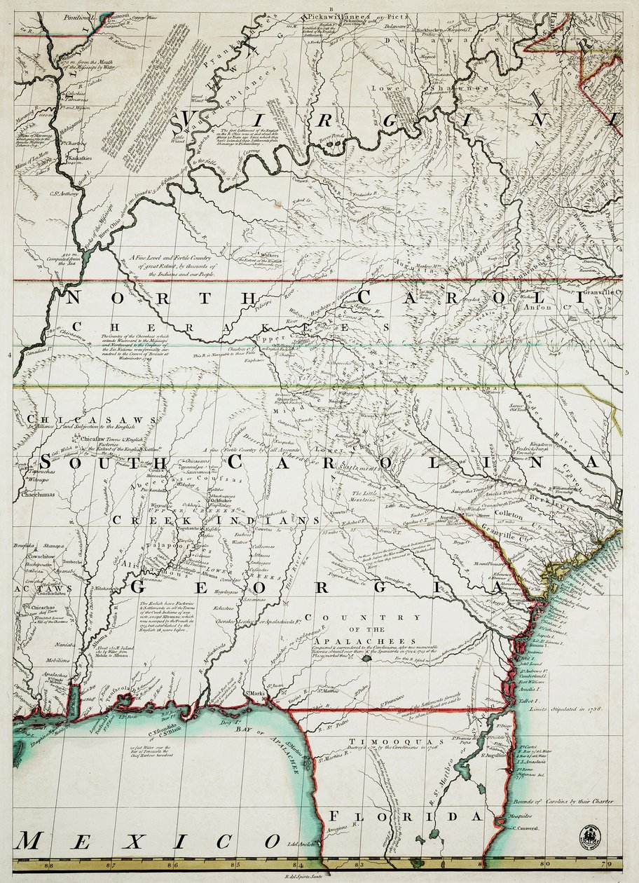Eine Karte der britischen und französischen Herrschaftsgebiete in Nordamerika mit den Straßen, Entfernungen, Grenzen und dem Umfang der Siedlungen, dem ehrenwerten Earl of Halifax und den anderen ehrenwerten Lords Kommissaren für Handel & Plantagen demütig von John & Kitchen Thomas & Mitchell (fl.1755 Mitchell