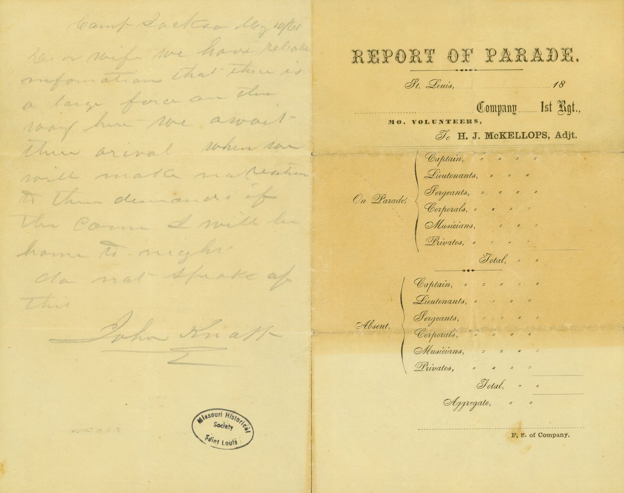 Brief von John Knapp, Camp Jackson, an seine Frau, 10. Mai 1861 von John Knapp