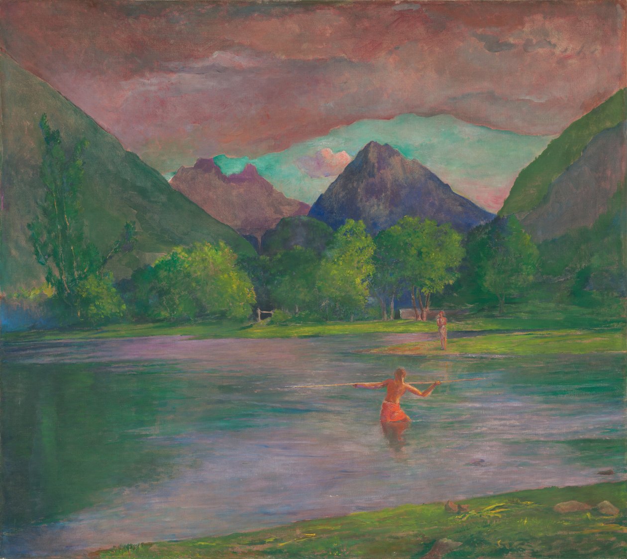 Der Eingang zum Tautira-Fluss, Tahiti. Fischer, der einen Fisch speert von John La Farge