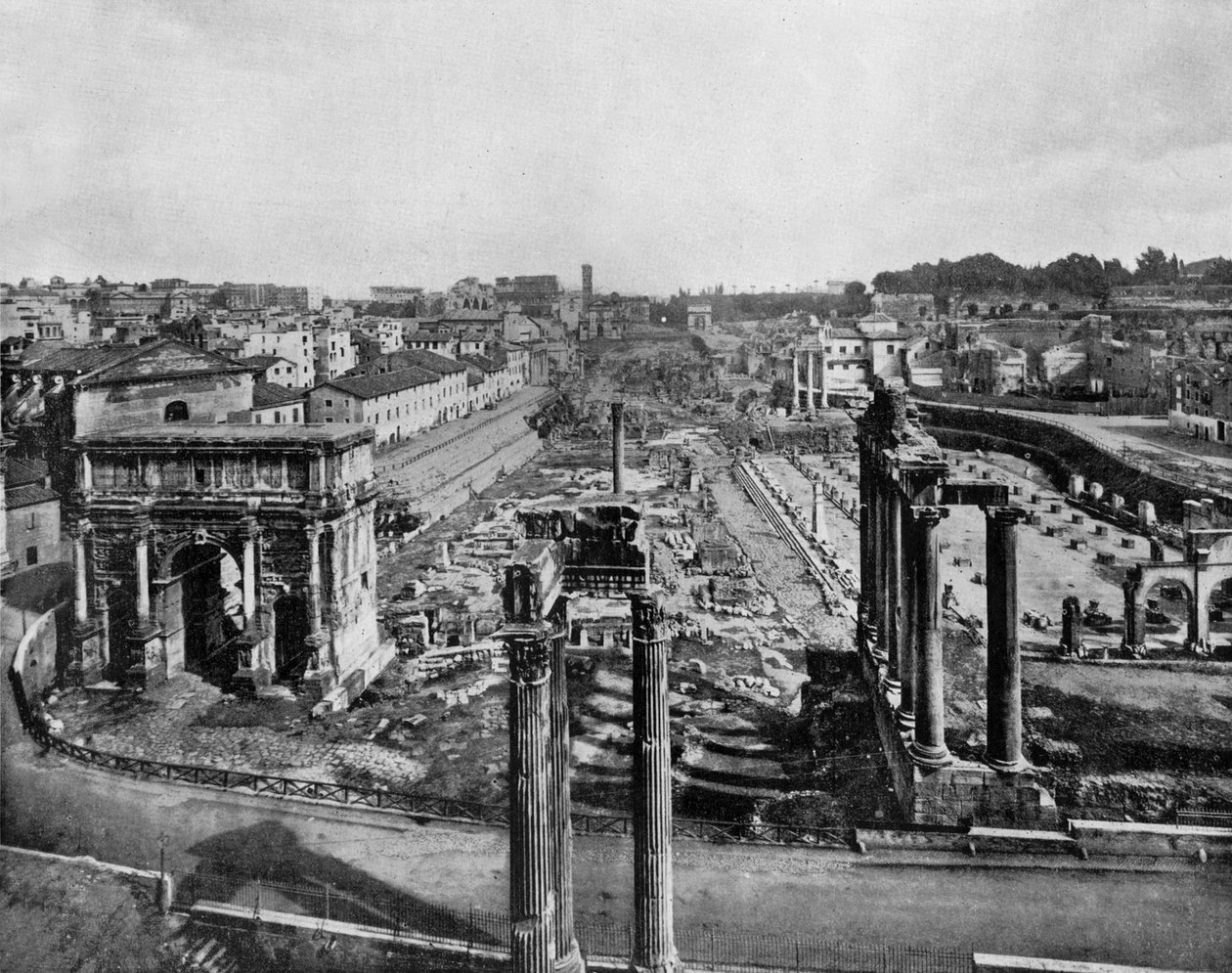 Das Forum in Rom mit Ruinen antiker Monumente: Bogen von Septimius Severus (l), Säulen des Saturntempels (r) und Säulen des Vespasian-Tempels (vorn) von John Lawson Stoddard