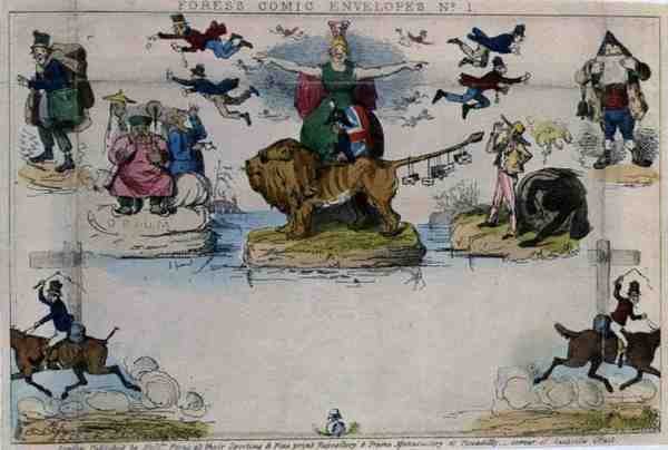 Karikatur des Mulready-Umschlags, veröffentlicht von Messrs Fores von John Leech